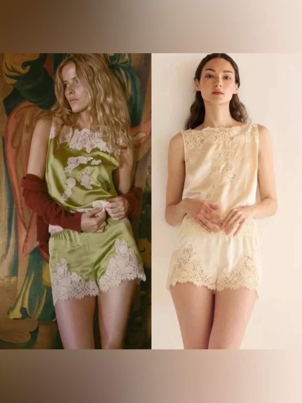 NWT Doen Iona Green Silk Lace-Trim Sleep Shorts with Cream Lace (small) - Picture 5 of 9